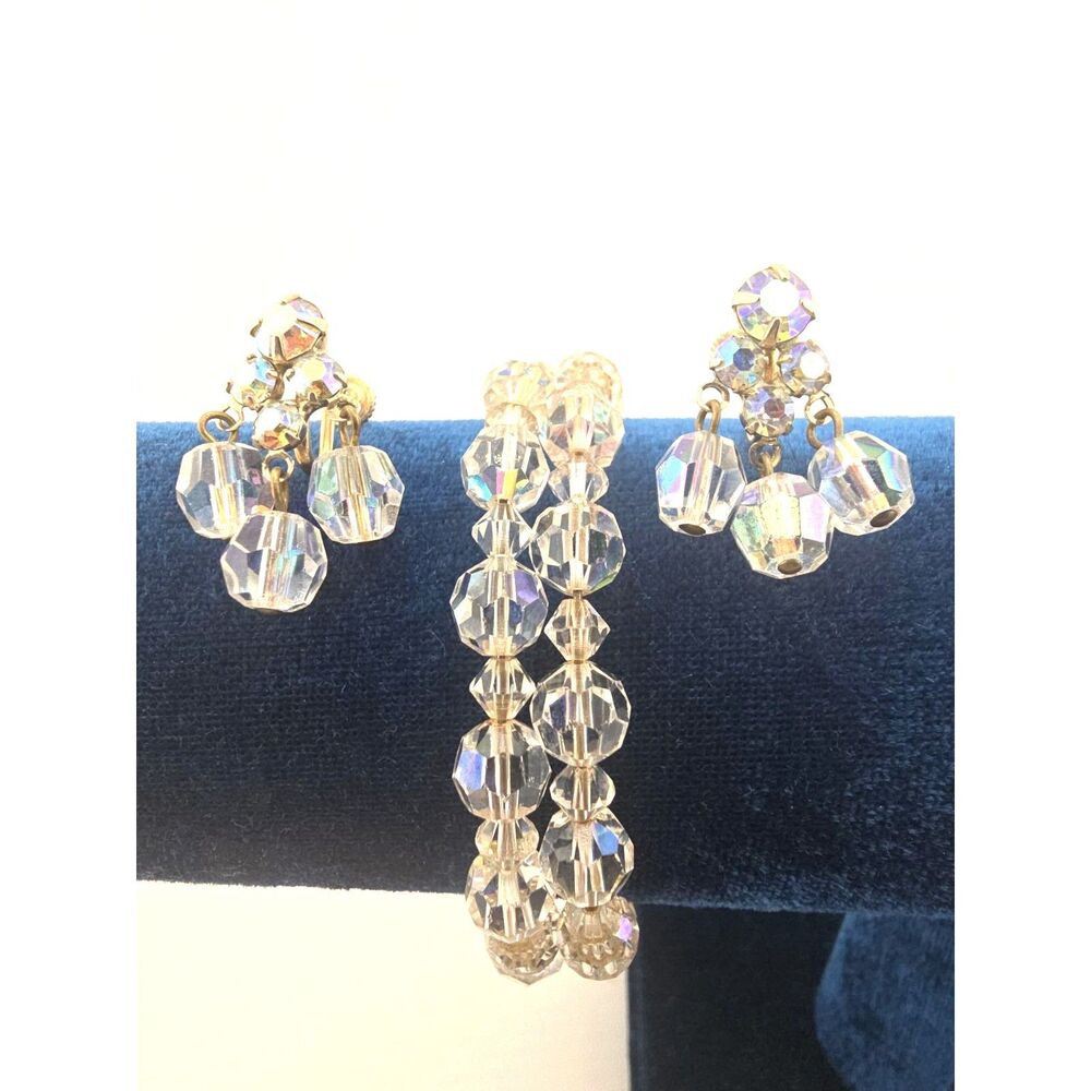 Vintage Aurora Borealis Bracelet & Screw Back Earrings Set AB Crystal Beads
